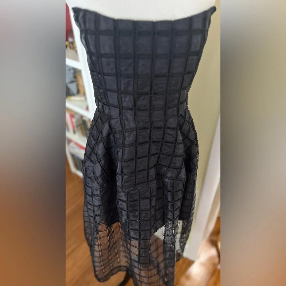 NICHOLAS Dress Strapless Black Windowpane Cutout Caged Sheer Full Skirt SZ 4 - Picture 6 of 13